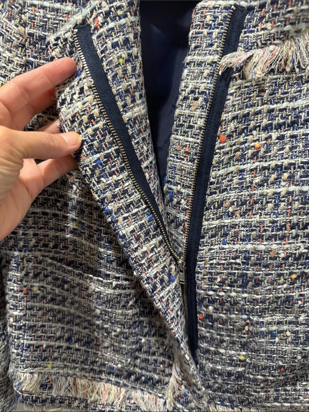 J. Crew Navy and Cream Tweed Fringe Jacket